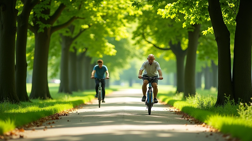 Cyklista na cyklostezce mezi velkými lipami, viditelné stíny a nerovnosti na cestě